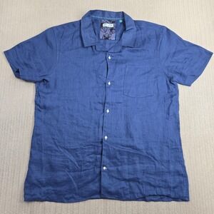 Tenth + Ocean Shirt Mens XL Blue Linen Short Sleeve Button Up Casual Camp Collar